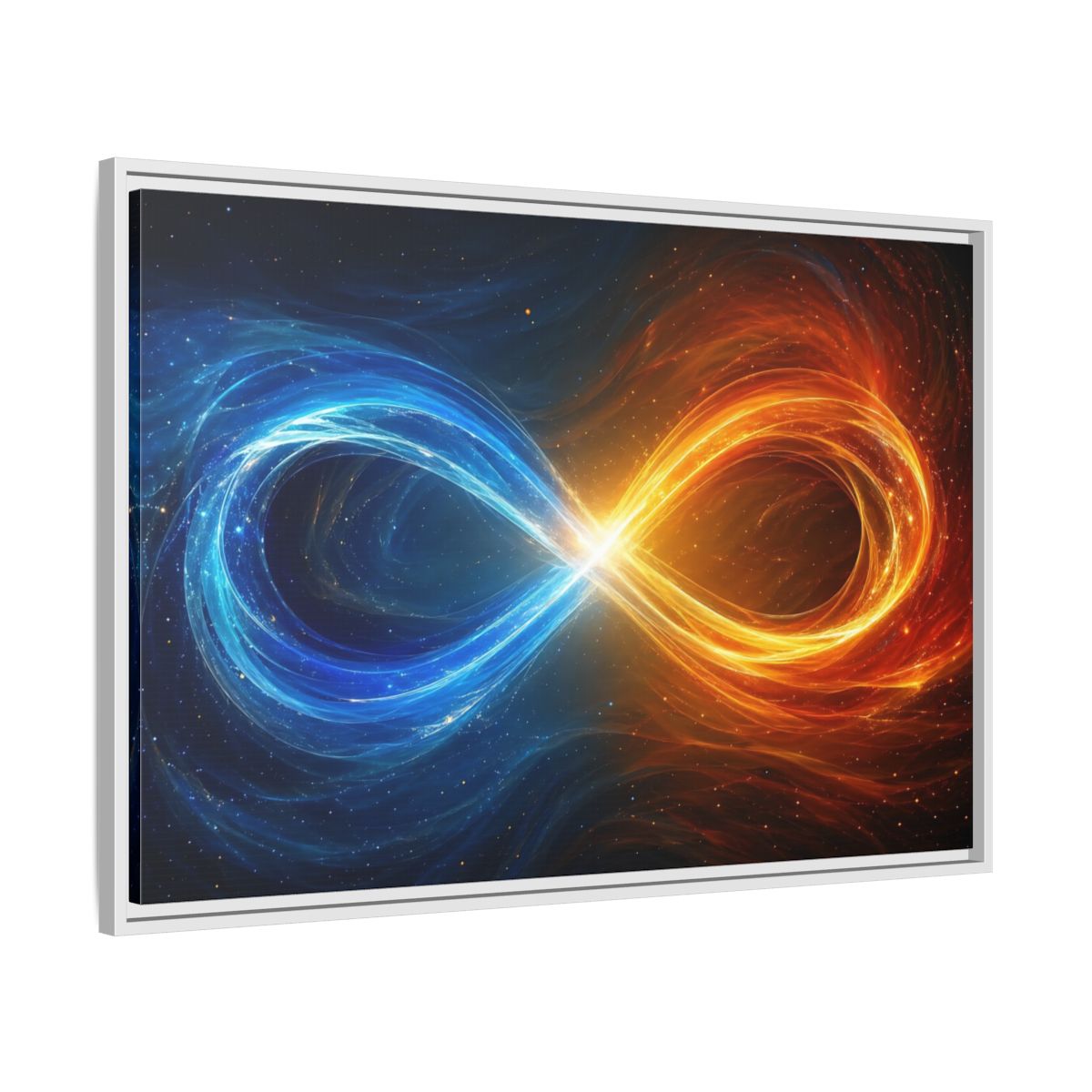 Side Mockup 9. Abstract Infinity Symbol Blue Orange Energy shown as stretched canvas wall art