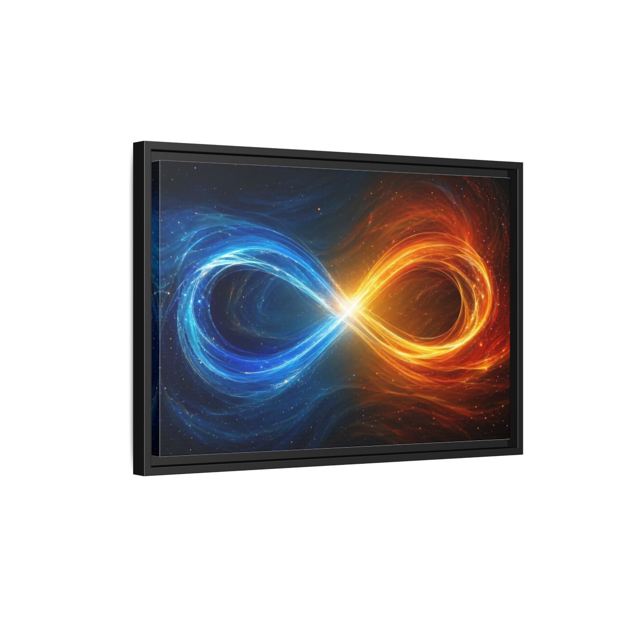 Side Mockup 3. Abstract Infinity Symbol Blue Orange Energy shown as stretched canvas wall art