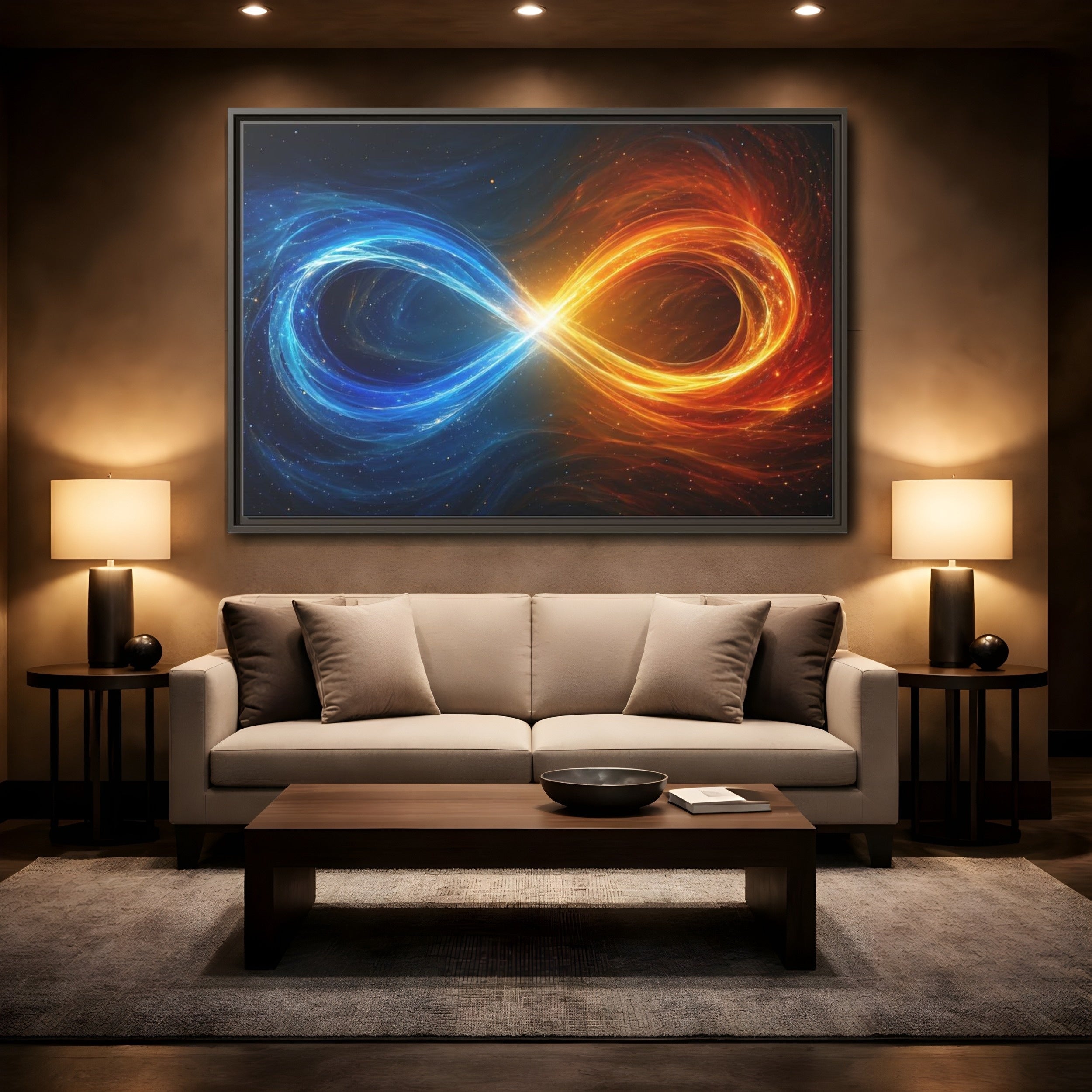 Mockup 2. Abstract Infinity Symbol Blue Orange Energy shown as stretched canvas wall art