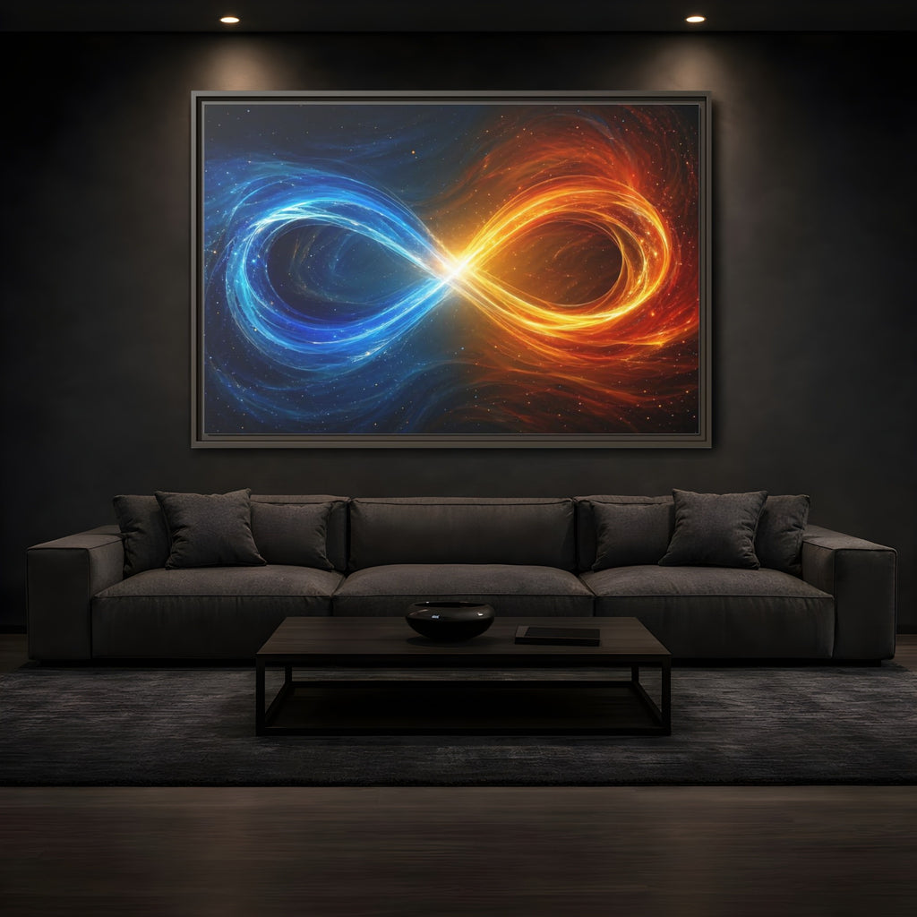 Mockup 3. Abstract Infinity Symbol Blue Orange Energy shown as stretched canvas wall art
