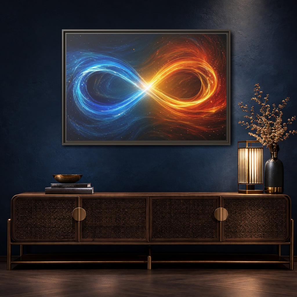 Mockup 4. Abstract Infinity Symbol Blue Orange Energy shown as stretched canvas wall art