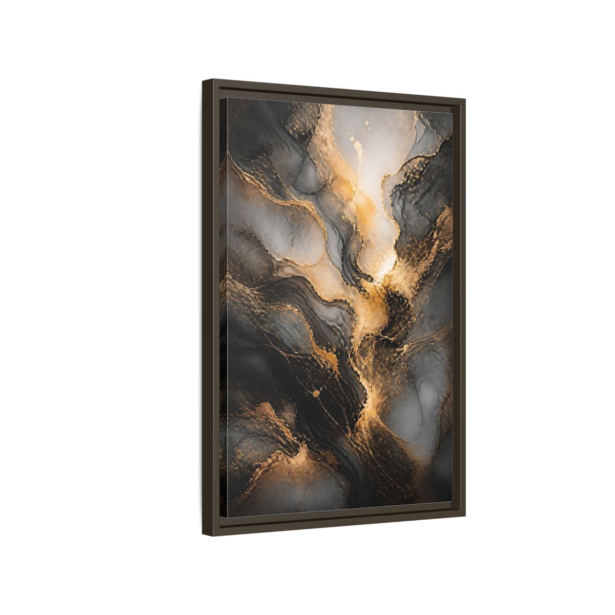 Side Mockup 2. Abstract Abstract Ink Black And Gold Ink shown as stretched canvas wall art