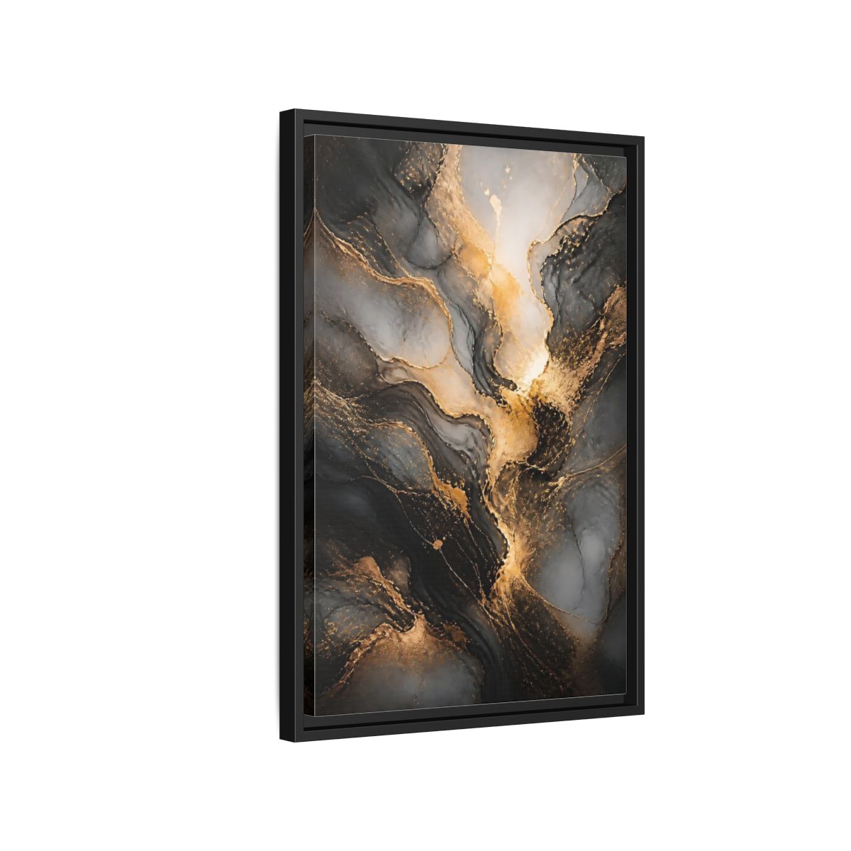 Side Mockup 3. Abstract Abstract Ink Black And Gold Ink shown as stretched canvas wall art