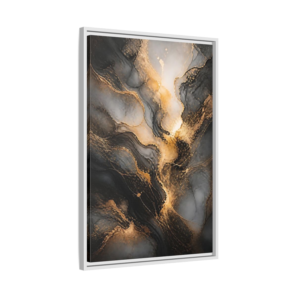 Side Mockup 10. Abstract Abstract Ink Black And Gold Ink shown as stretched canvas wall art