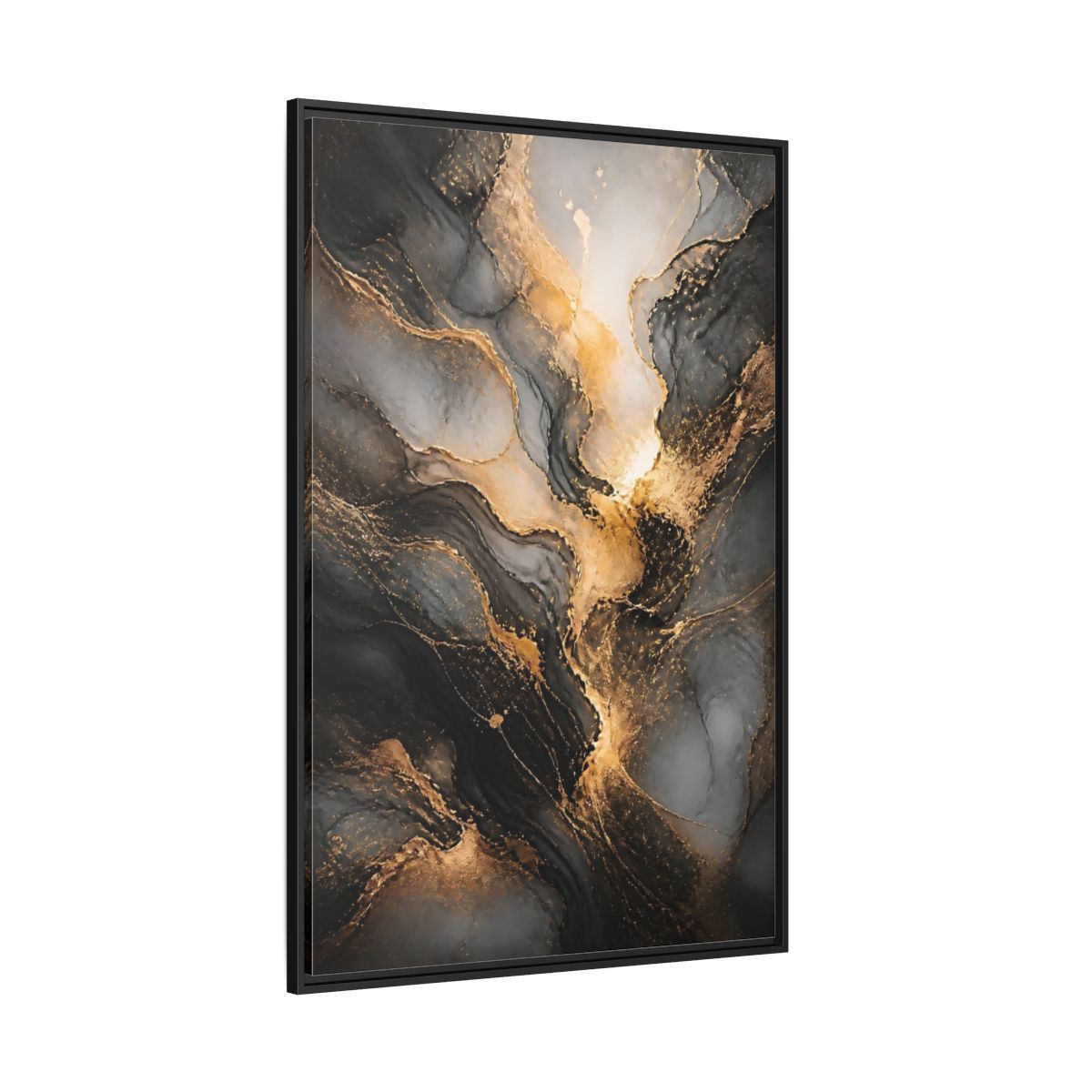 Side Mockup 12. Abstract Abstract Ink Black And Gold Ink shown as stretched canvas wall art