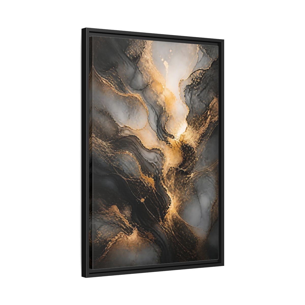 Side Mockup 14. Abstract Abstract Ink Black And Gold Ink shown as stretched canvas wall art