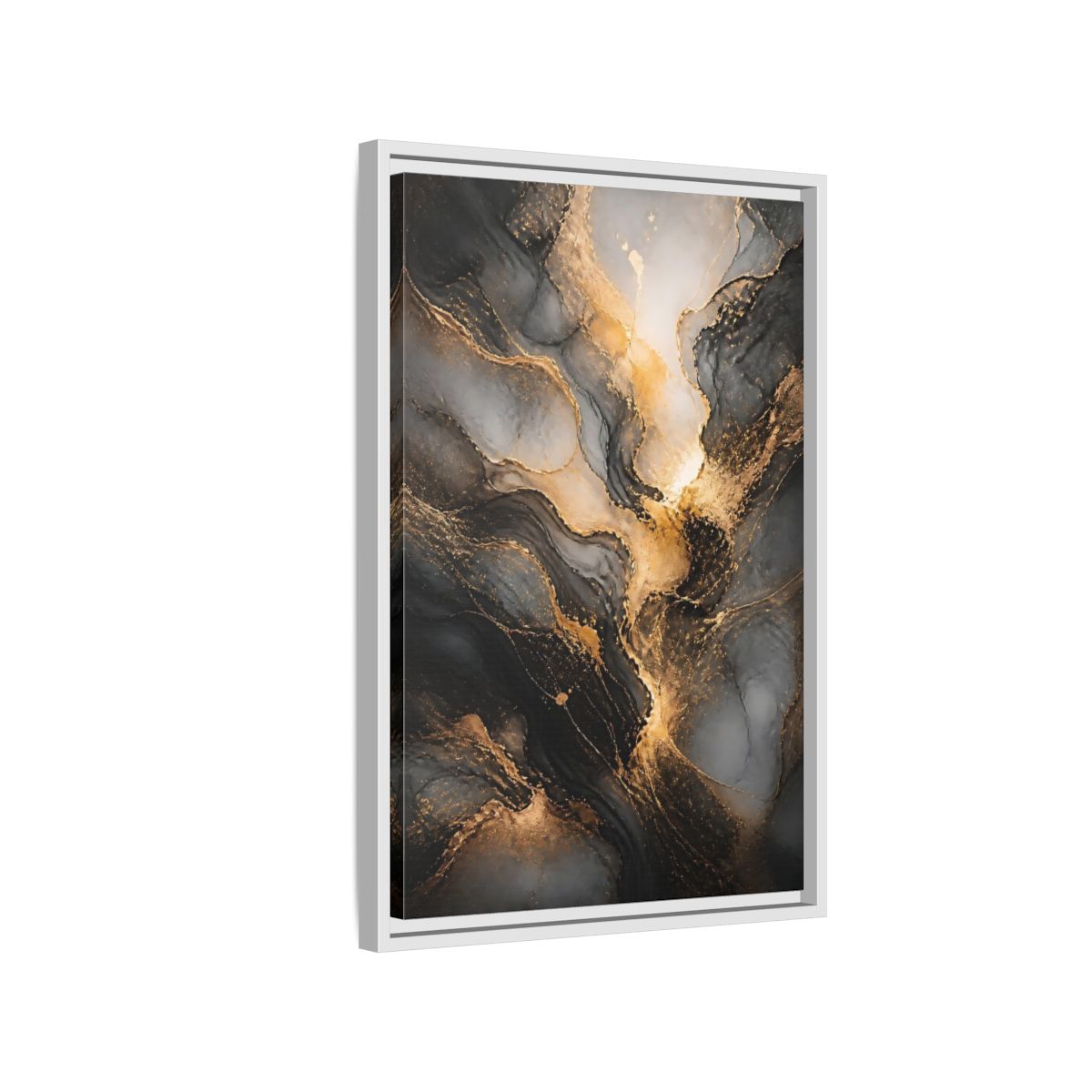 Side Mockup 1. Abstract Abstract Ink Black And Gold Ink shown as stretched canvas wall art