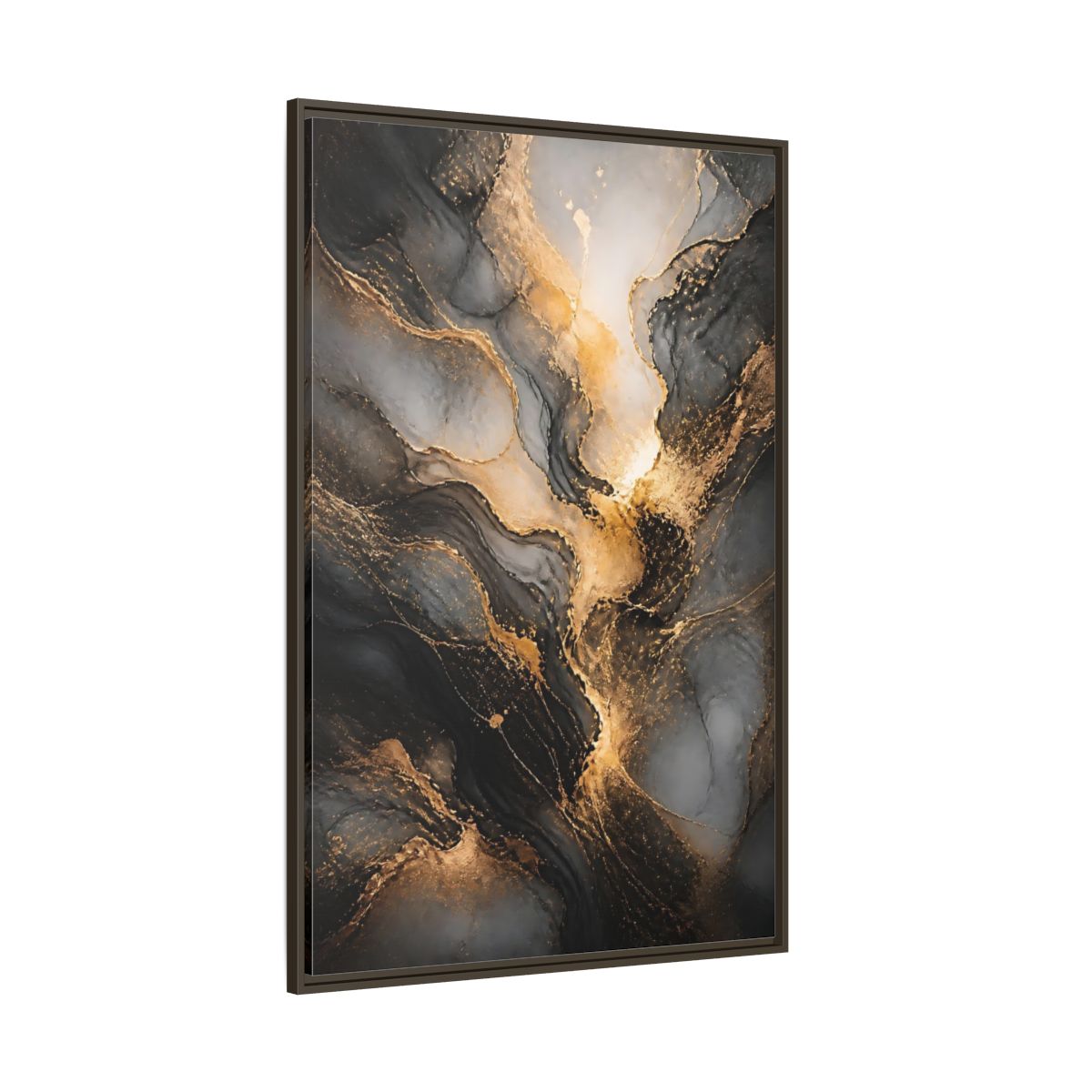 Side Mockup 8. Abstract Abstract Ink Black And Gold Ink shown as stretched canvas wall art