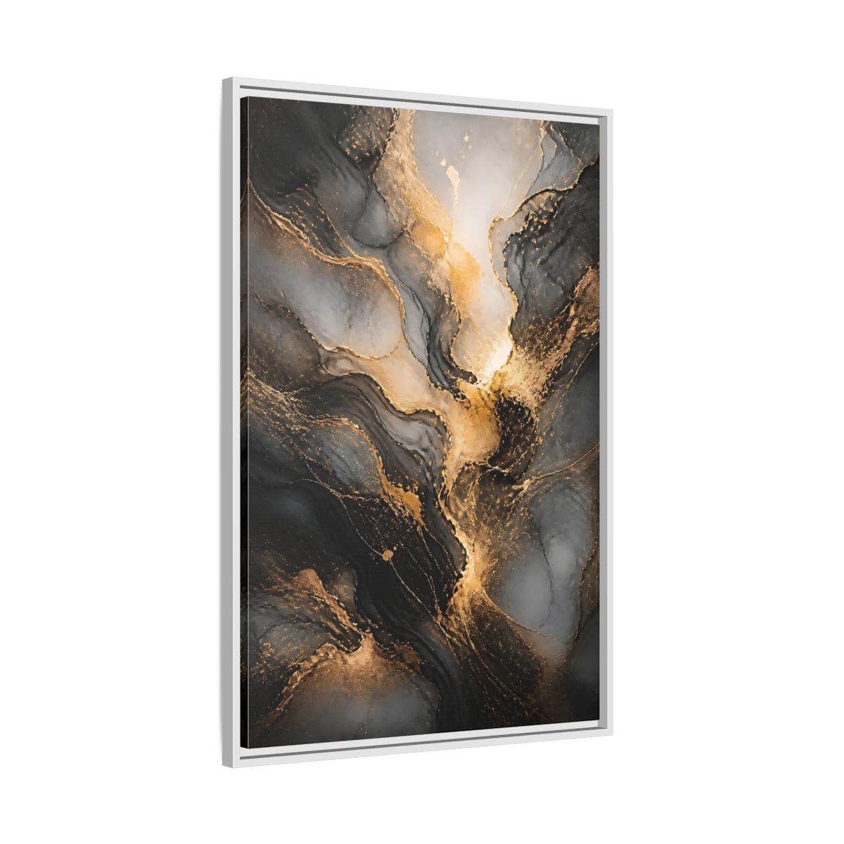 Side Mockup 9. Abstract Abstract Ink Black And Gold Ink shown as stretched canvas wall art