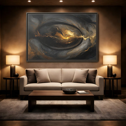 Mockup 2. Abstract Ink Flow Black And Gold Abstract shown as stretched canvas wall art