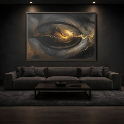Mockup 3. Abstract Ink Flow Black And Gold Abstract shown as stretched canvas wall art