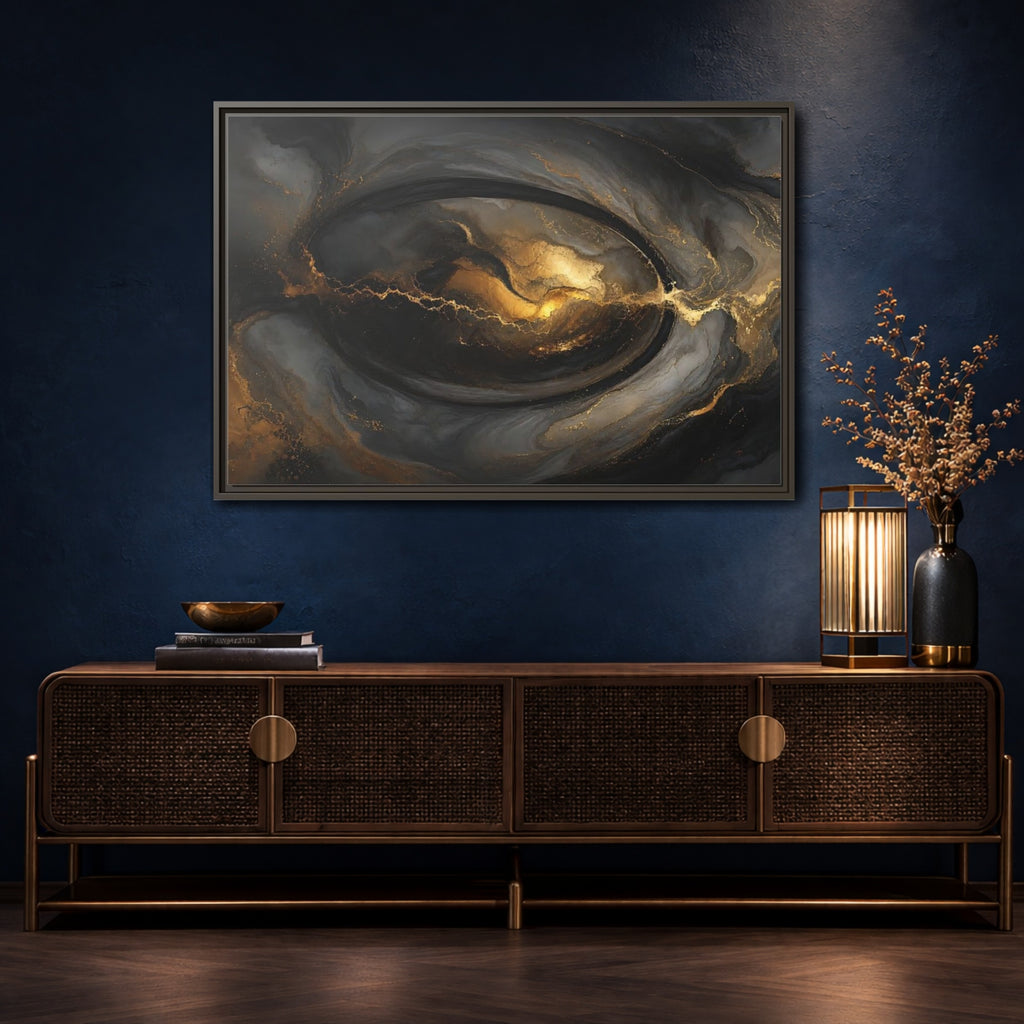 Mockup 4. Abstract Ink Flow Black And Gold Abstract shown as stretched canvas wall art