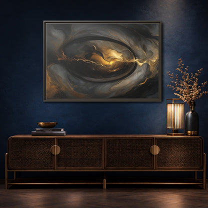 Mockup 4. Abstract Ink Flow Black And Gold Abstract shown as stretched canvas wall art