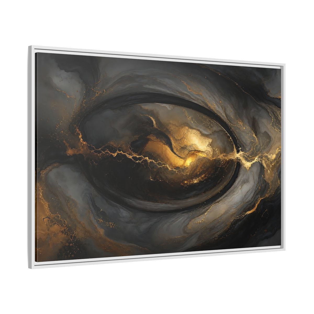 Side Mockup 7. Abstract Ink Flow Black And Gold Abstract shown as stretched canvas wall art