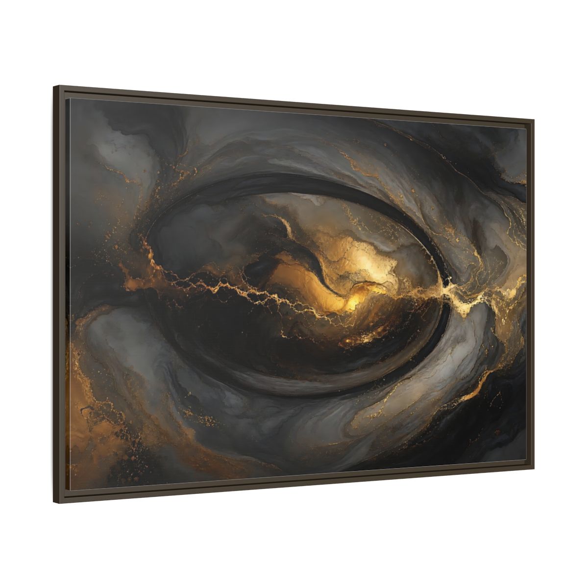 Side Mockup 8. Abstract Ink Flow Black And Gold Abstract shown as stretched canvas wall art