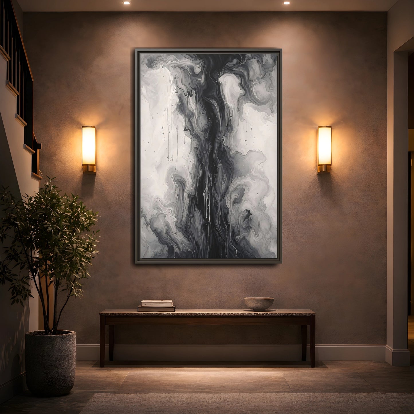 Mockup 2. Abstract Ink Flow Black And White Abstract shown as stretched canvas wall art