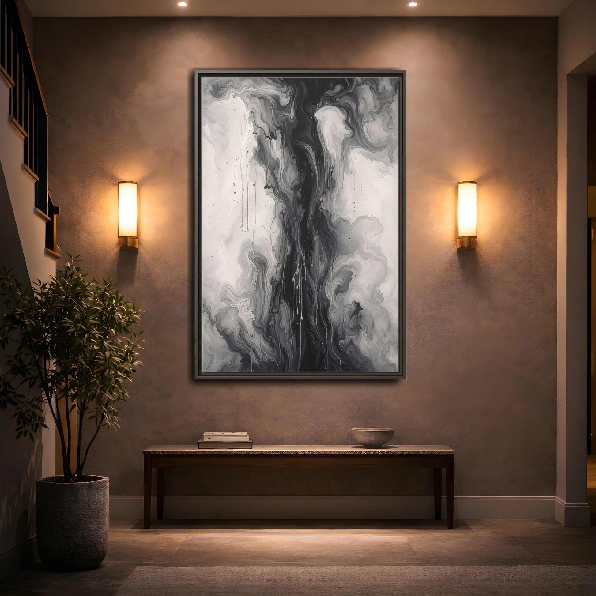 Mockup 2. Abstract Ink Flow Black And White Abstract shown as stretched canvas wall art