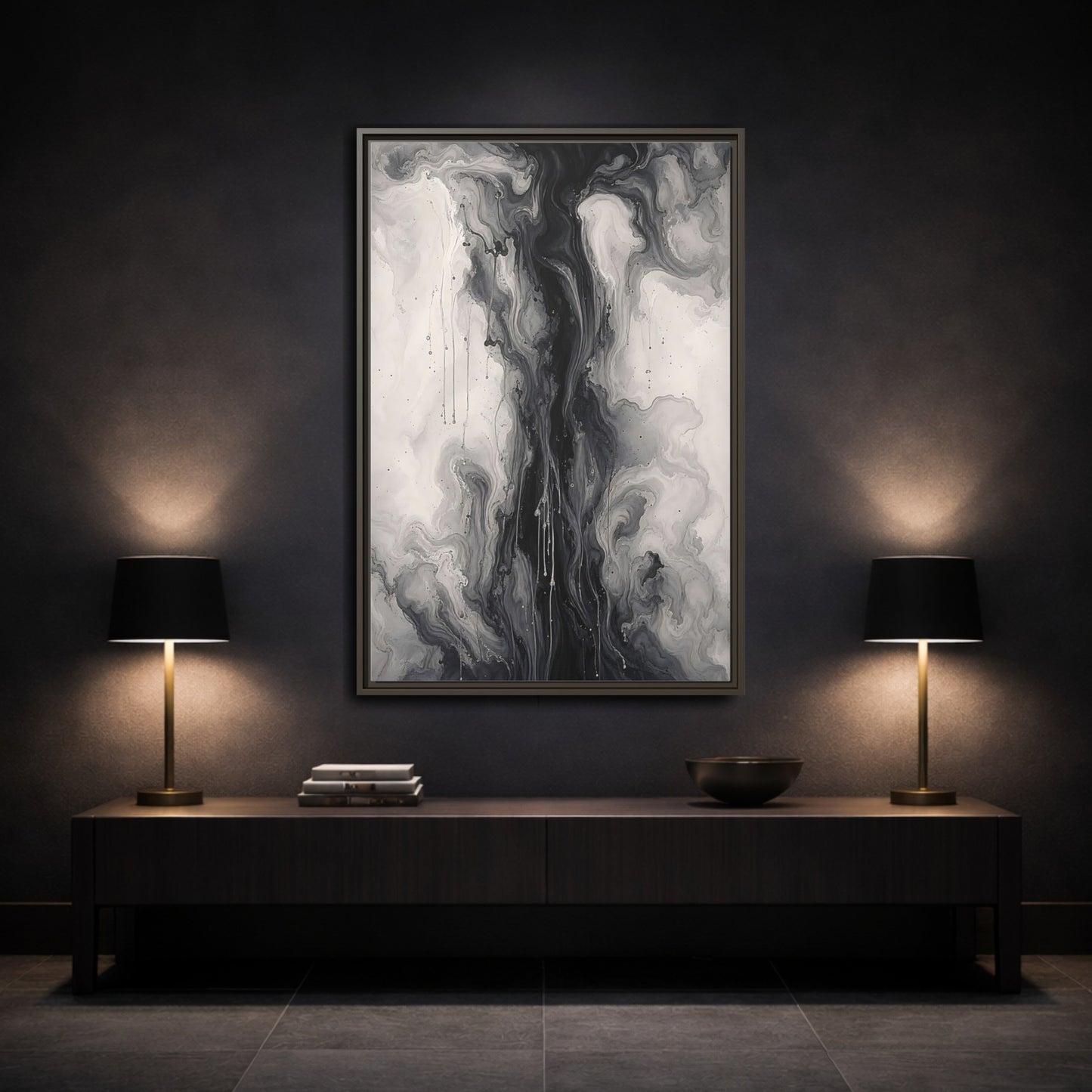 Mockup 3. Abstract Ink Flow Black And White Abstract shown as stretched canvas wall art