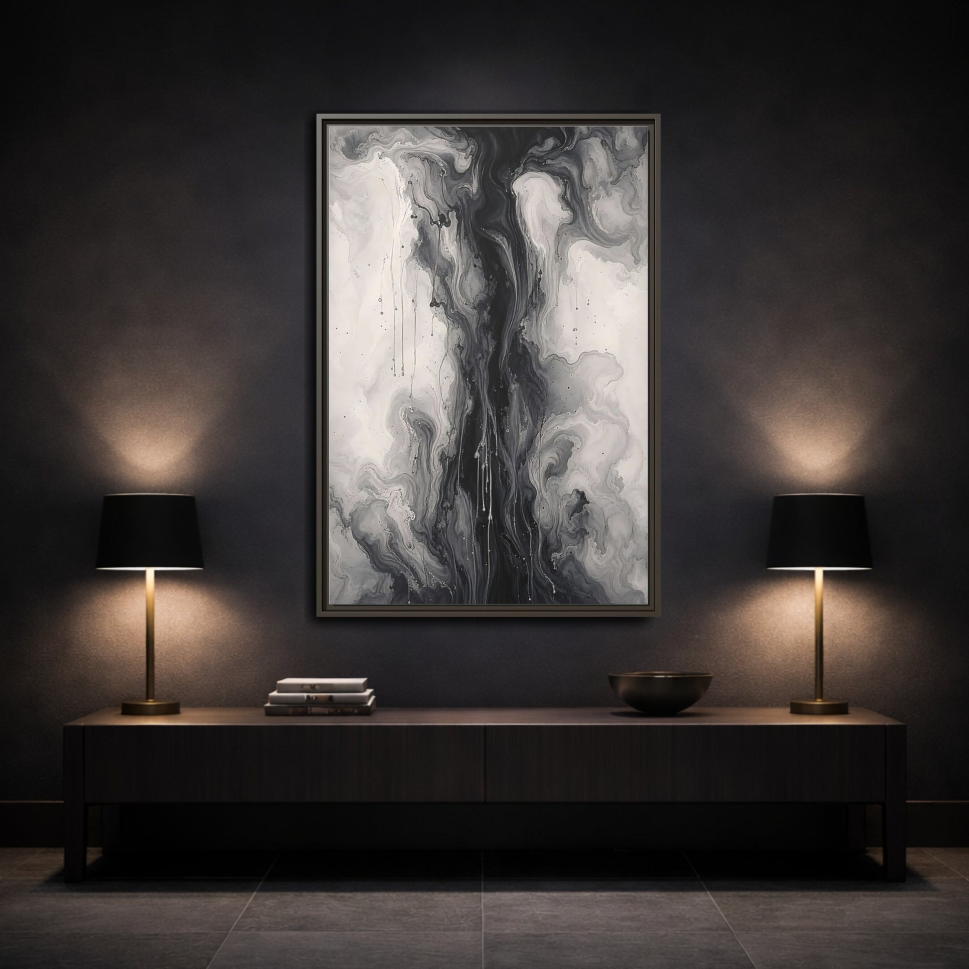 Mockup 3. Abstract Ink Flow Black And White Abstract shown as stretched canvas wall art