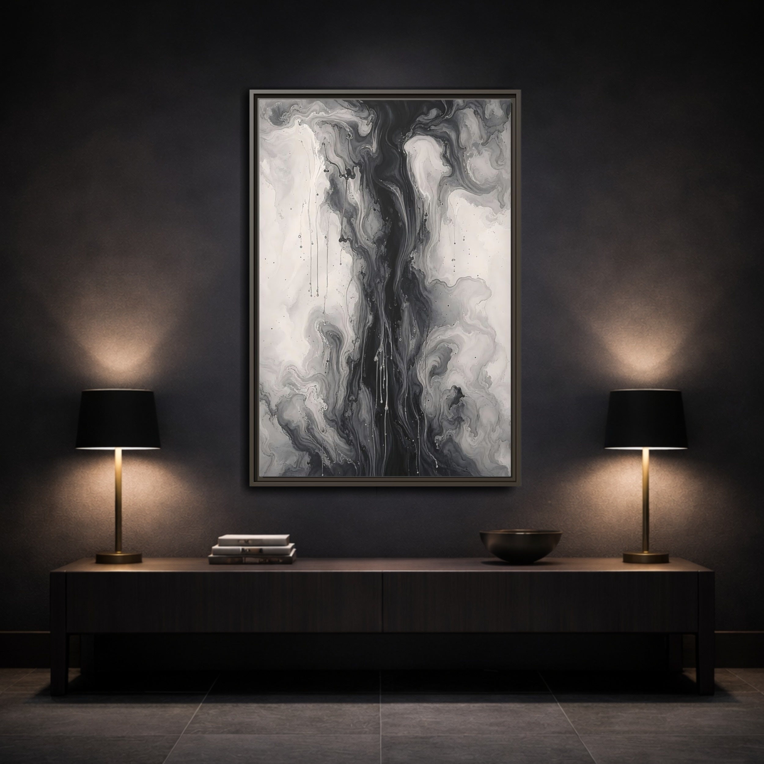 Mockup 3. Abstract Ink Flow Black And White Abstract shown as stretched canvas wall art