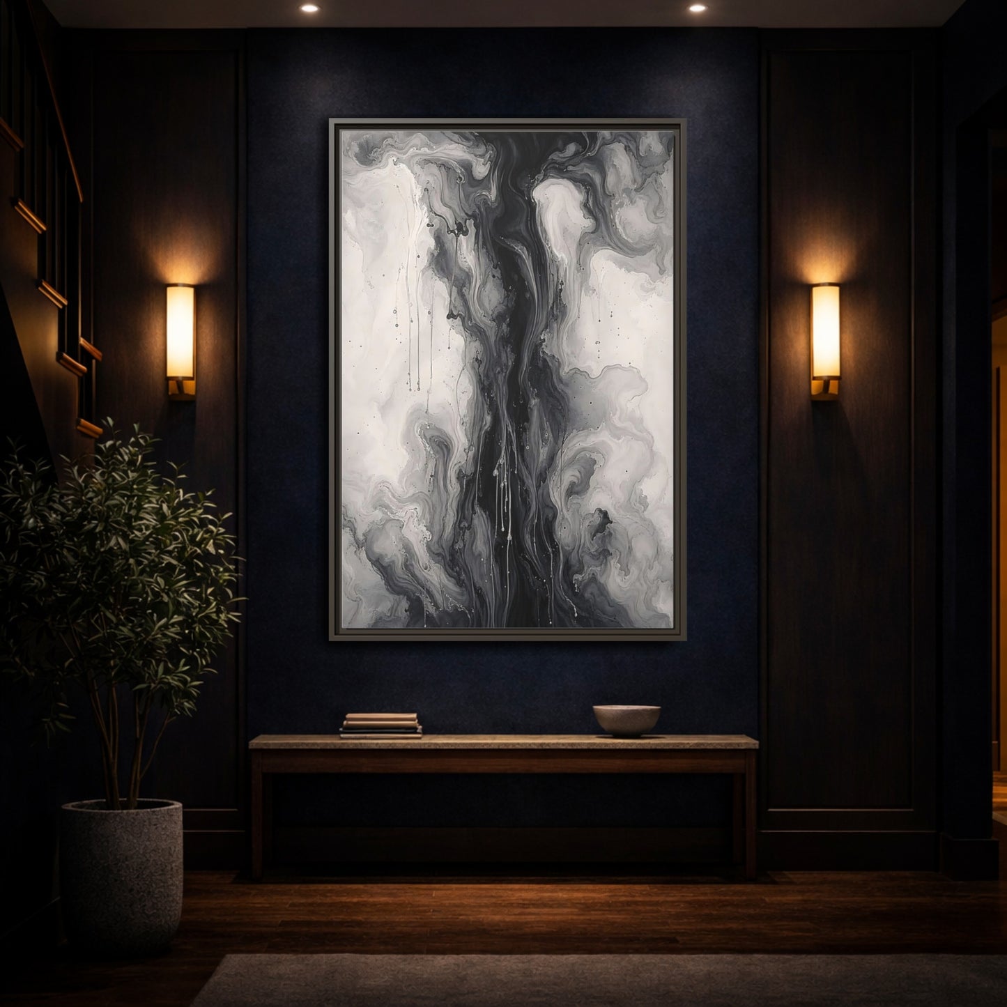 Mockup 4. Abstract Ink Flow Black And White Abstract shown as stretched canvas wall art