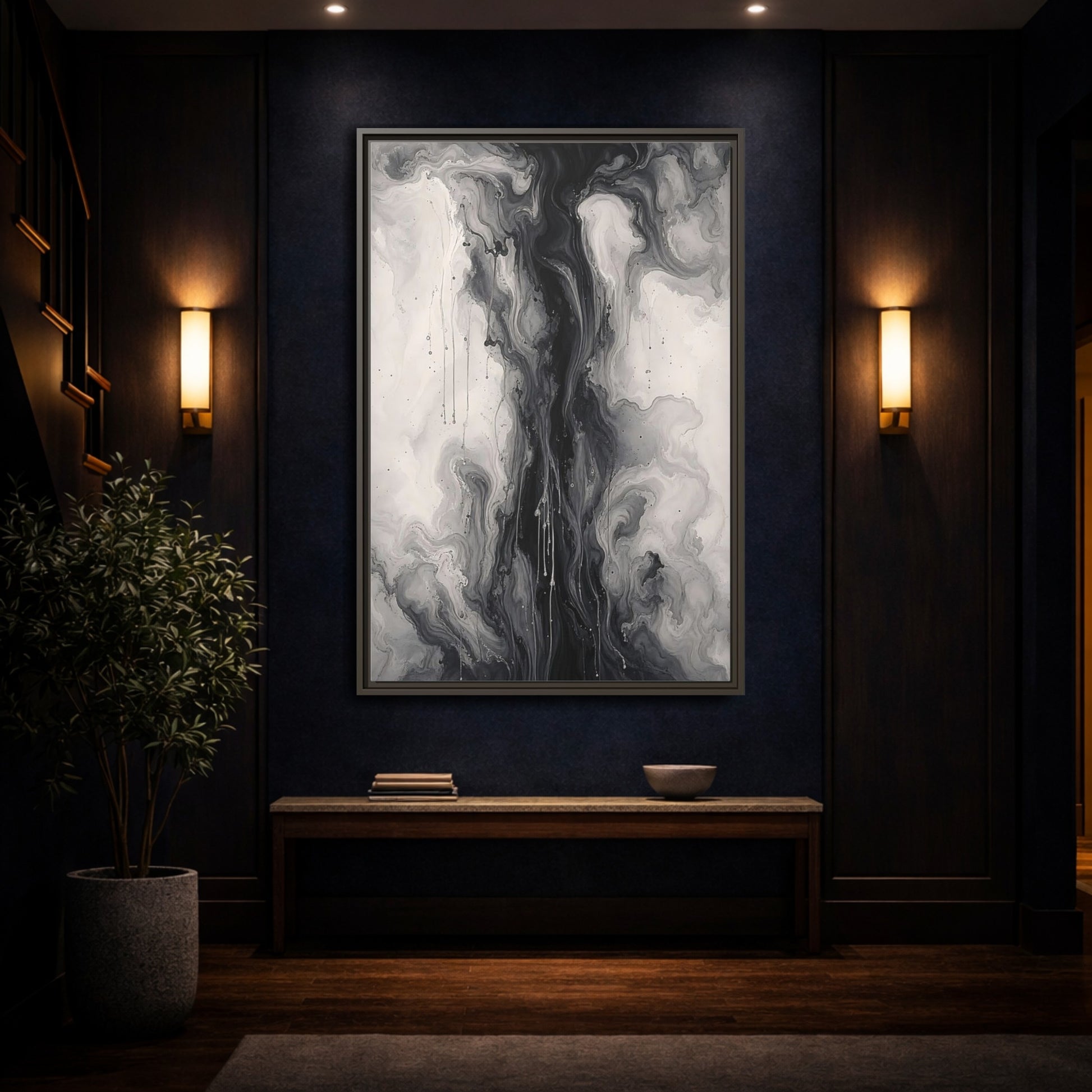 Mockup 4. Abstract Ink Flow Black And White Abstract shown as stretched canvas wall art