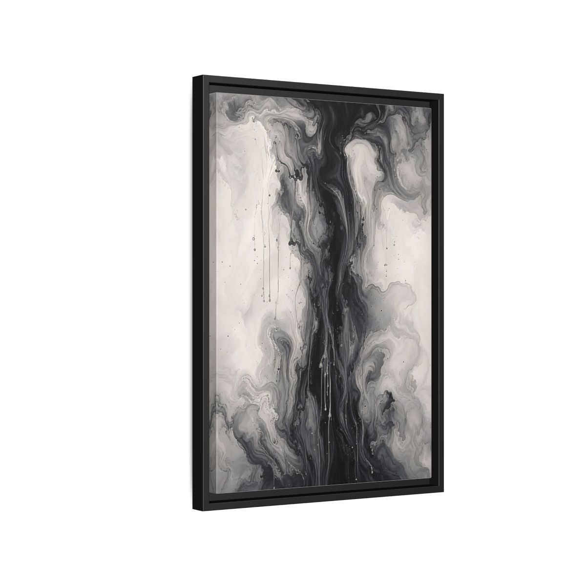 Side Mockup 3. Abstract Ink Flow Black And White Abstract shown as stretched canvas wall art