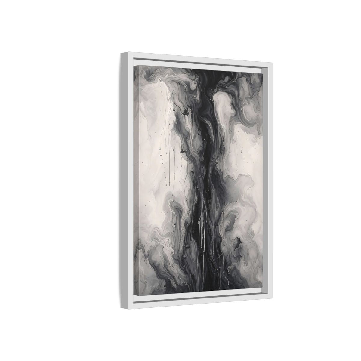 Side Mockup 4. Abstract Ink Flow Black And White Abstract shown as stretched canvas wall art