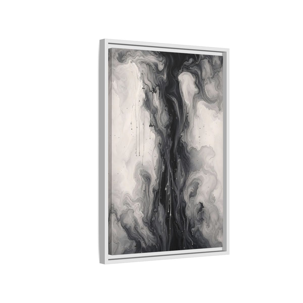 Side Mockup 1. Abstract Ink Flow Black And White Abstract shown as stretched canvas wall art