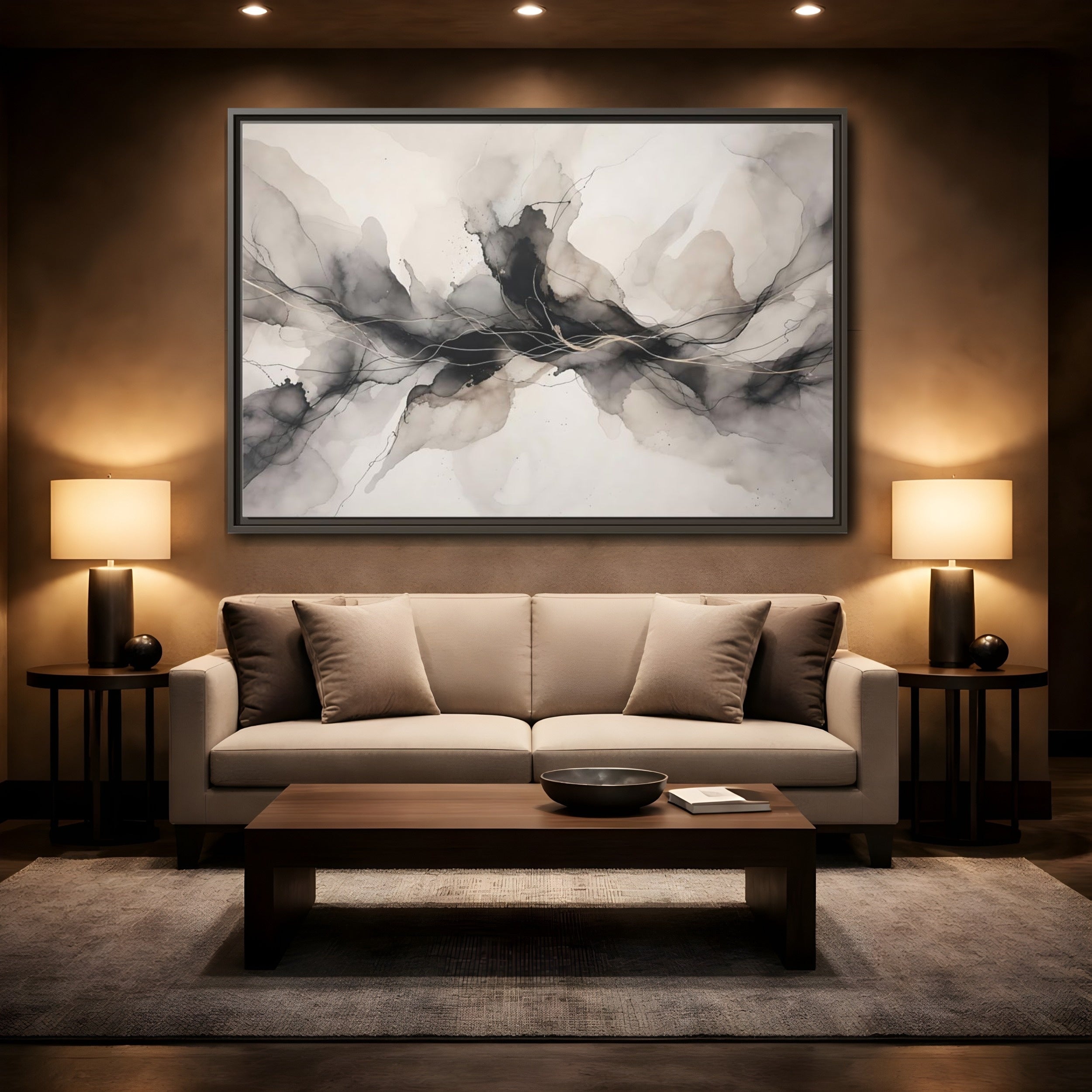 Mockup 2. Abstract Ink Flow Black Gold Abstract shown as stretched canvas wall art