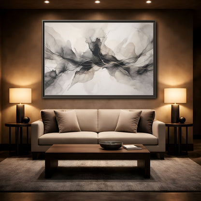 Mockup 2. Abstract Ink Flow Black Gold Abstract shown as stretched canvas wall art