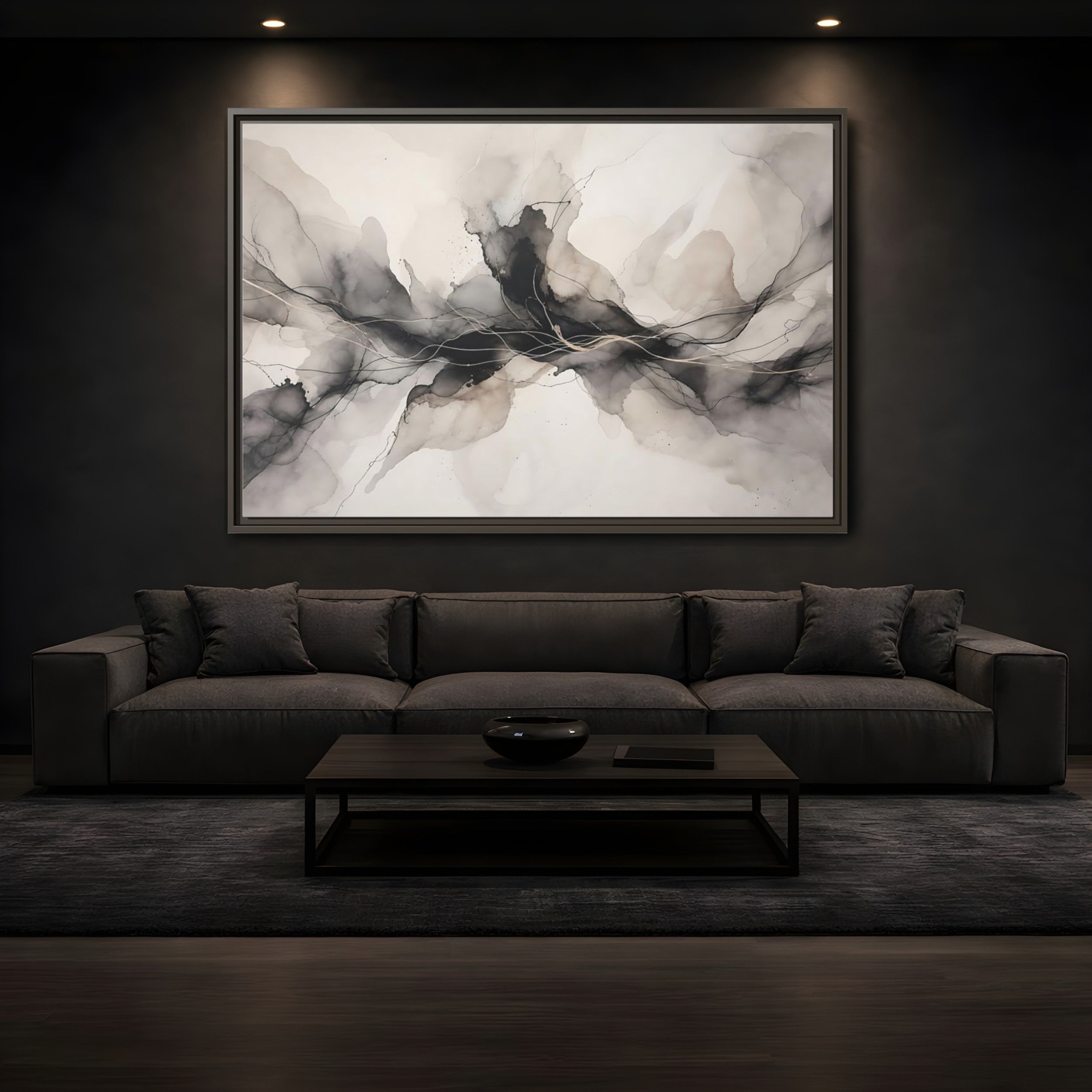 Mockup 3. Abstract Ink Flow Black Gold Abstract shown as stretched canvas wall art