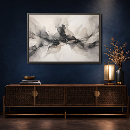 Mockup 4. Abstract Ink Flow Black Gold Abstract shown as stretched canvas wall art