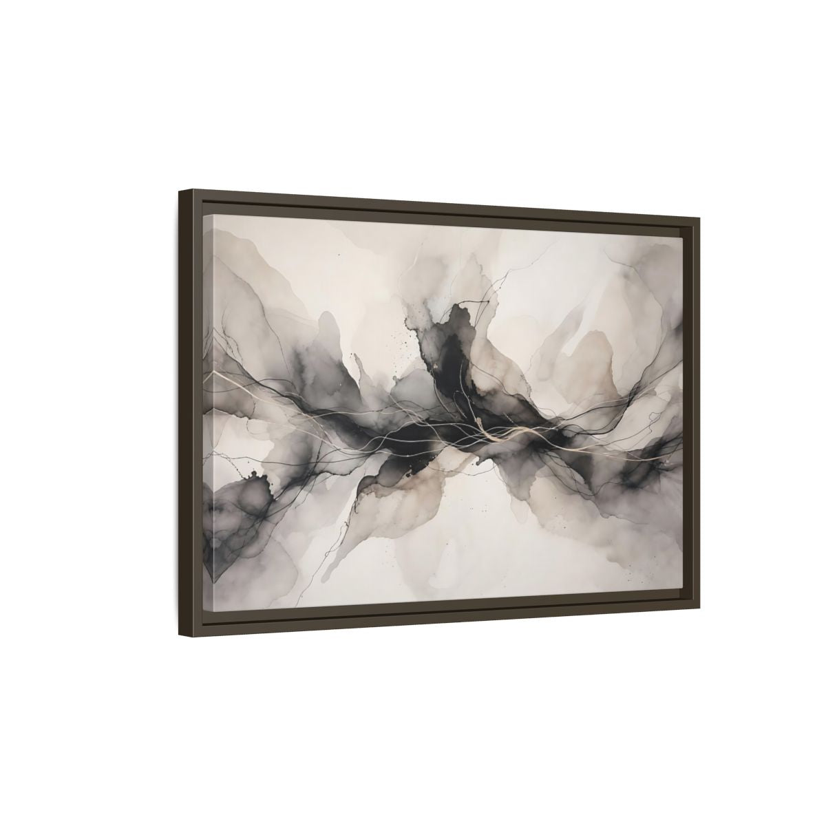 Side Mockup 2. Abstract Ink Flow Black Gold Abstract shown as stretched canvas wall art