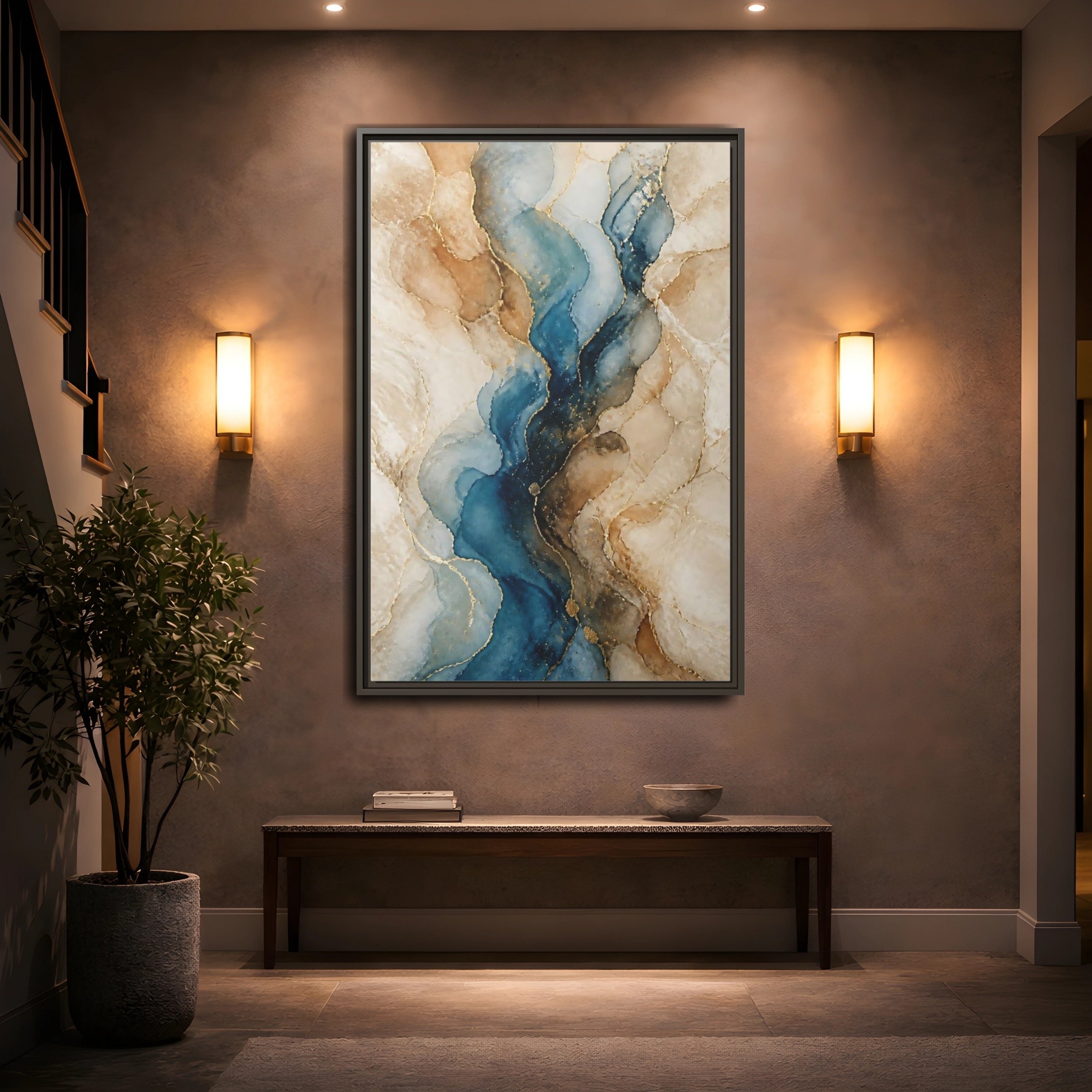 Mockup 2. Abstract Ink Flow Blue Gold Abstract shown as stretched canvas wall art