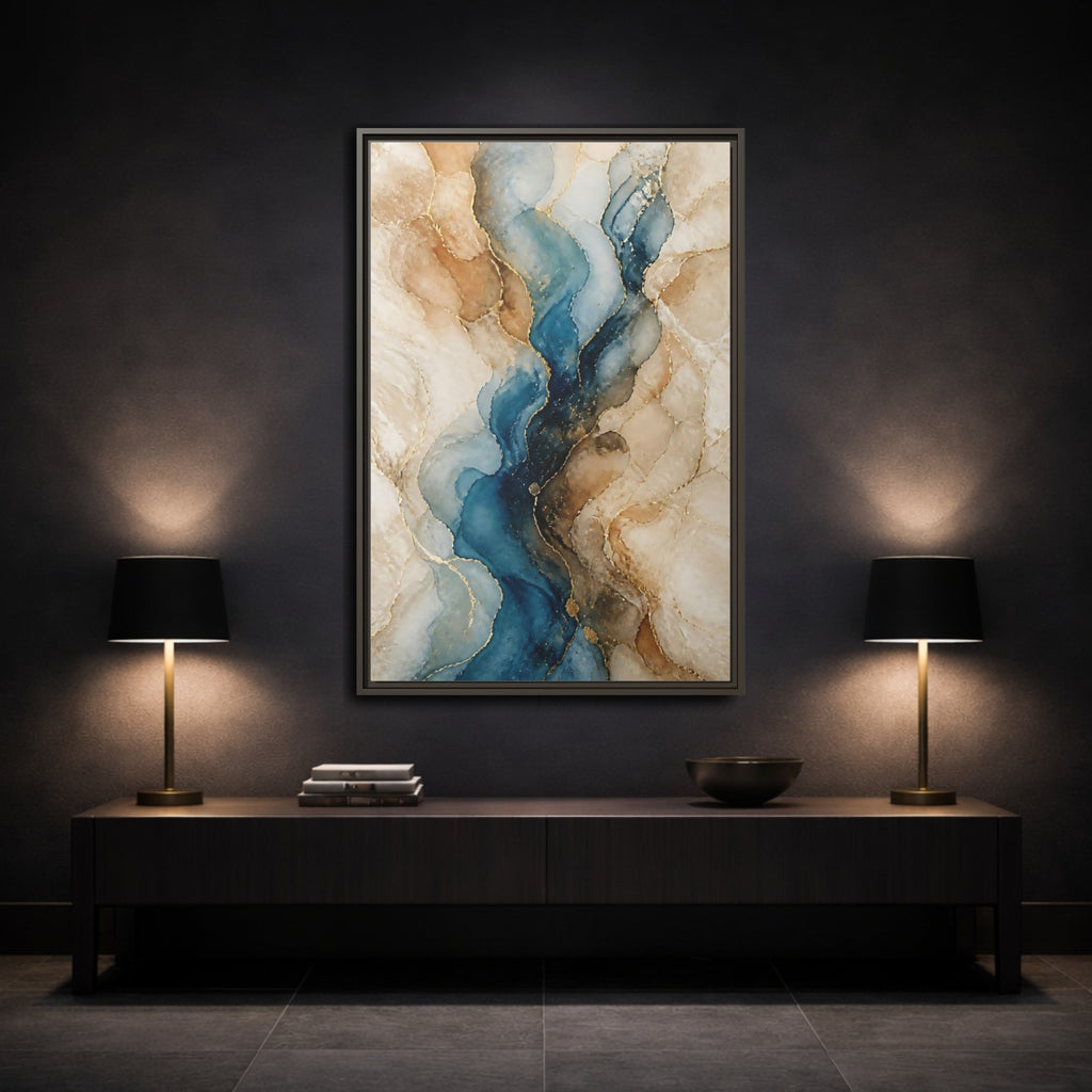 Mockup 3. Abstract Ink Flow Blue Gold Abstract shown as stretched canvas wall art