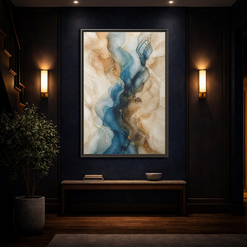 Mockup 4. Abstract Ink Flow Blue Gold Abstract shown as stretched canvas wall art
