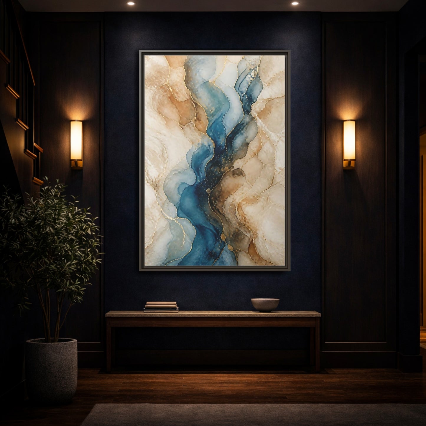 Mockup 4. Abstract Ink Flow Blue Gold Abstract shown as stretched canvas wall art