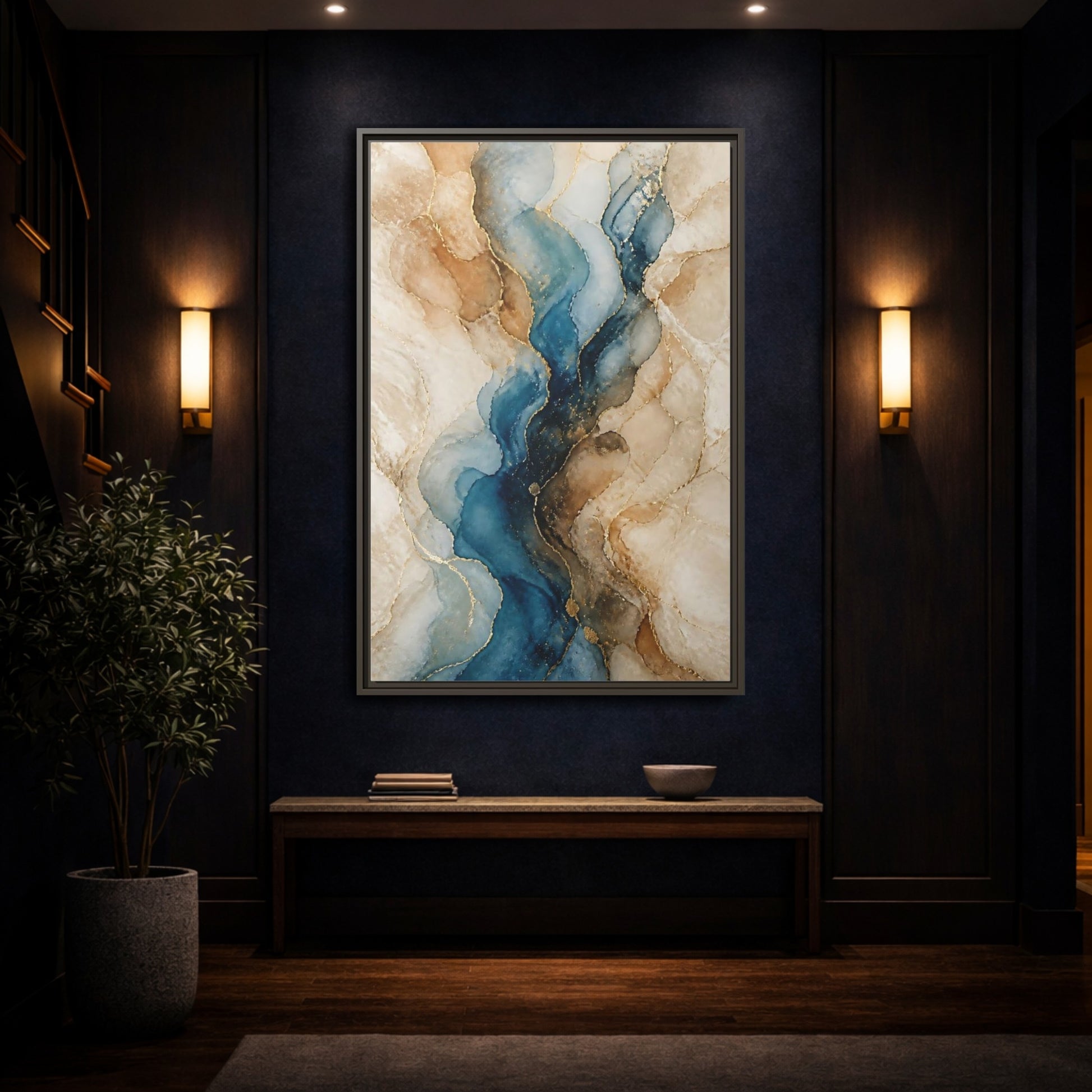 Mockup 4. Abstract Ink Flow Blue Gold Abstract shown as stretched canvas wall art