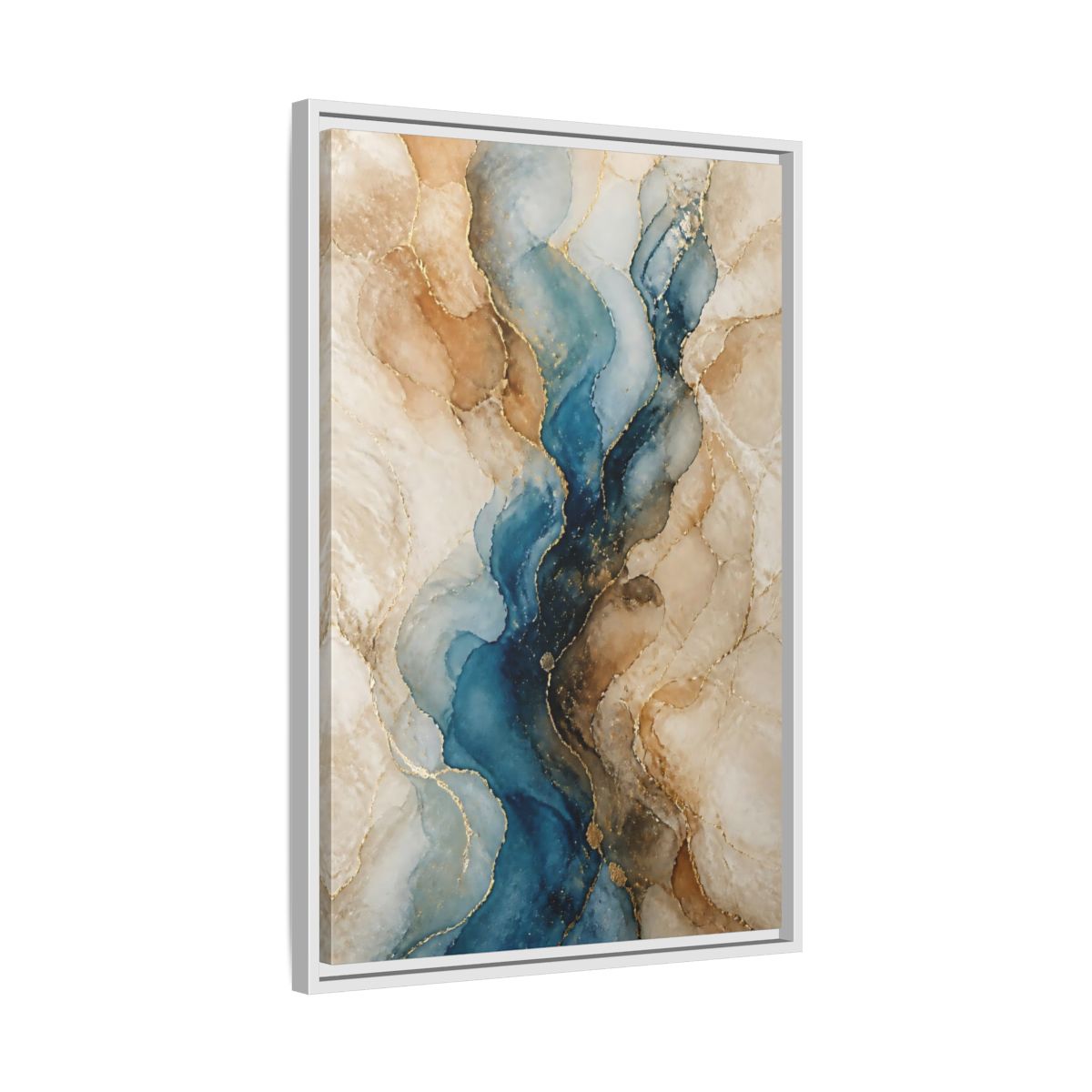 Side Mockup 10. Abstract Ink Flow Blue Gold Abstract shown as stretched canvas wall art