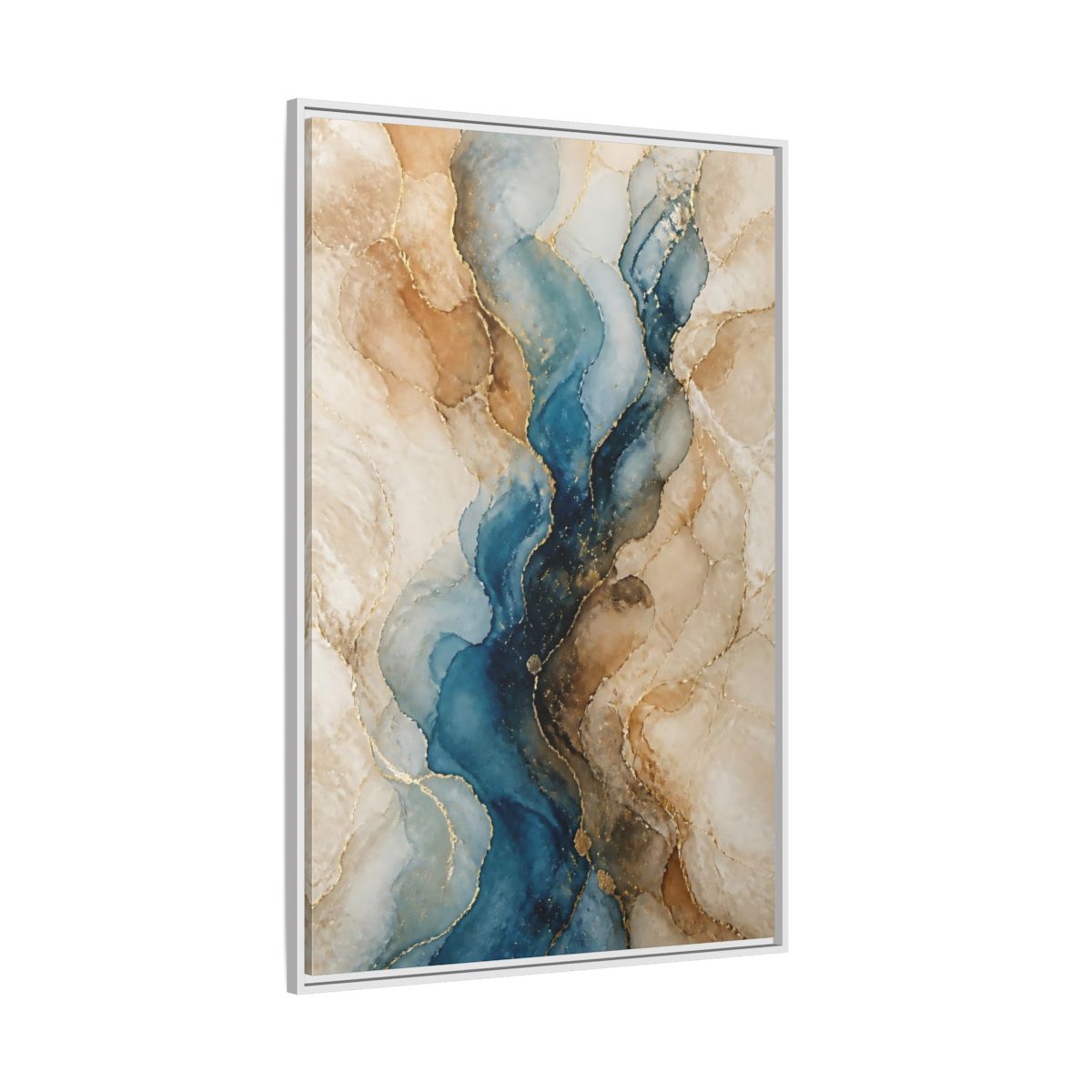 Side Mockup 7. Abstract Ink Flow Blue Gold Abstract shown as stretched canvas wall art