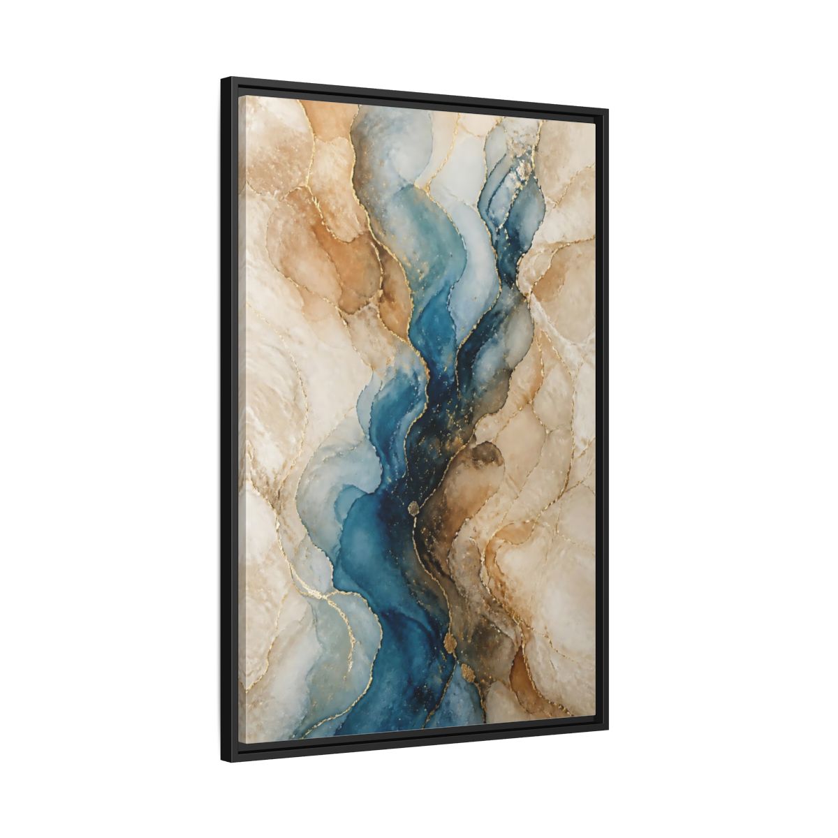 Side Mockup 13. Abstract Ink Flow Blue Gold Abstract shown as stretched canvas wall art