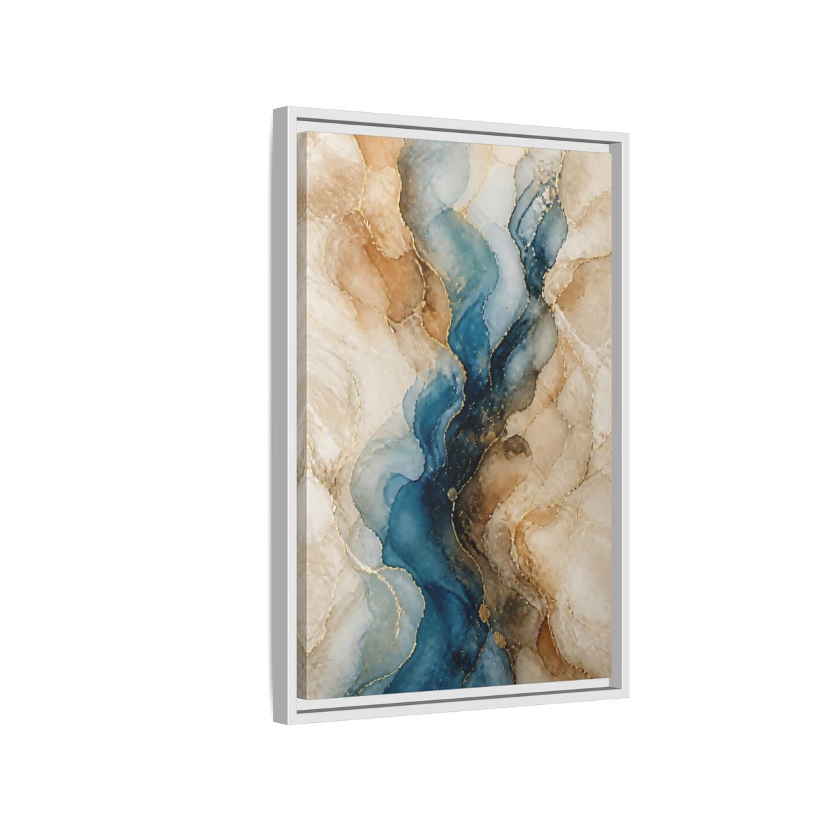 Side Mockup 1. Abstract Ink Flow Blue Gold Abstract shown as stretched canvas wall art