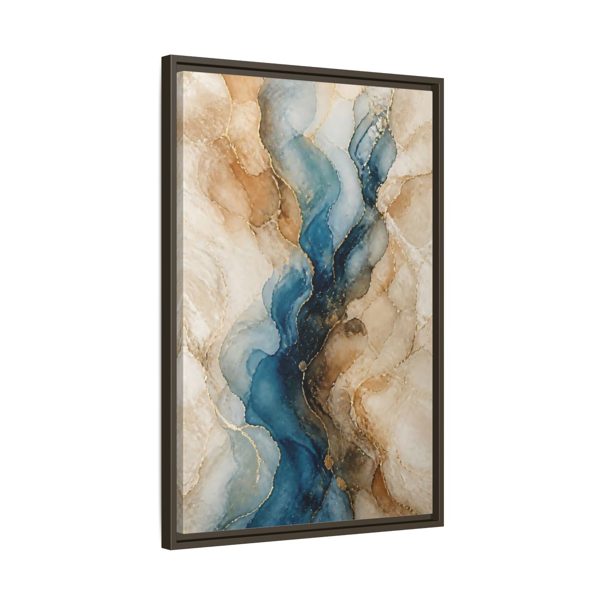 Side Mockup 11. Abstract Ink Flow Blue Gold Abstract shown as stretched canvas wall art