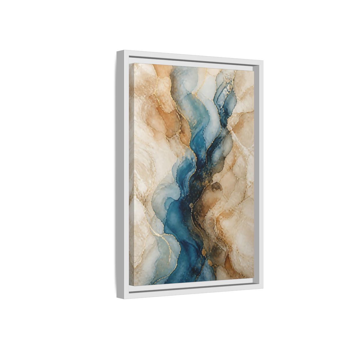 Side Mockup 4. Abstract Ink Flow Blue Gold Abstract shown as stretched canvas wall art