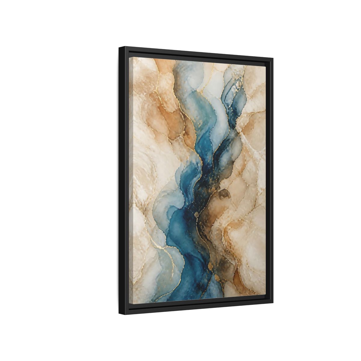 Side Mockup 3. Abstract Ink Flow Blue Gold Abstract shown as stretched canvas wall art