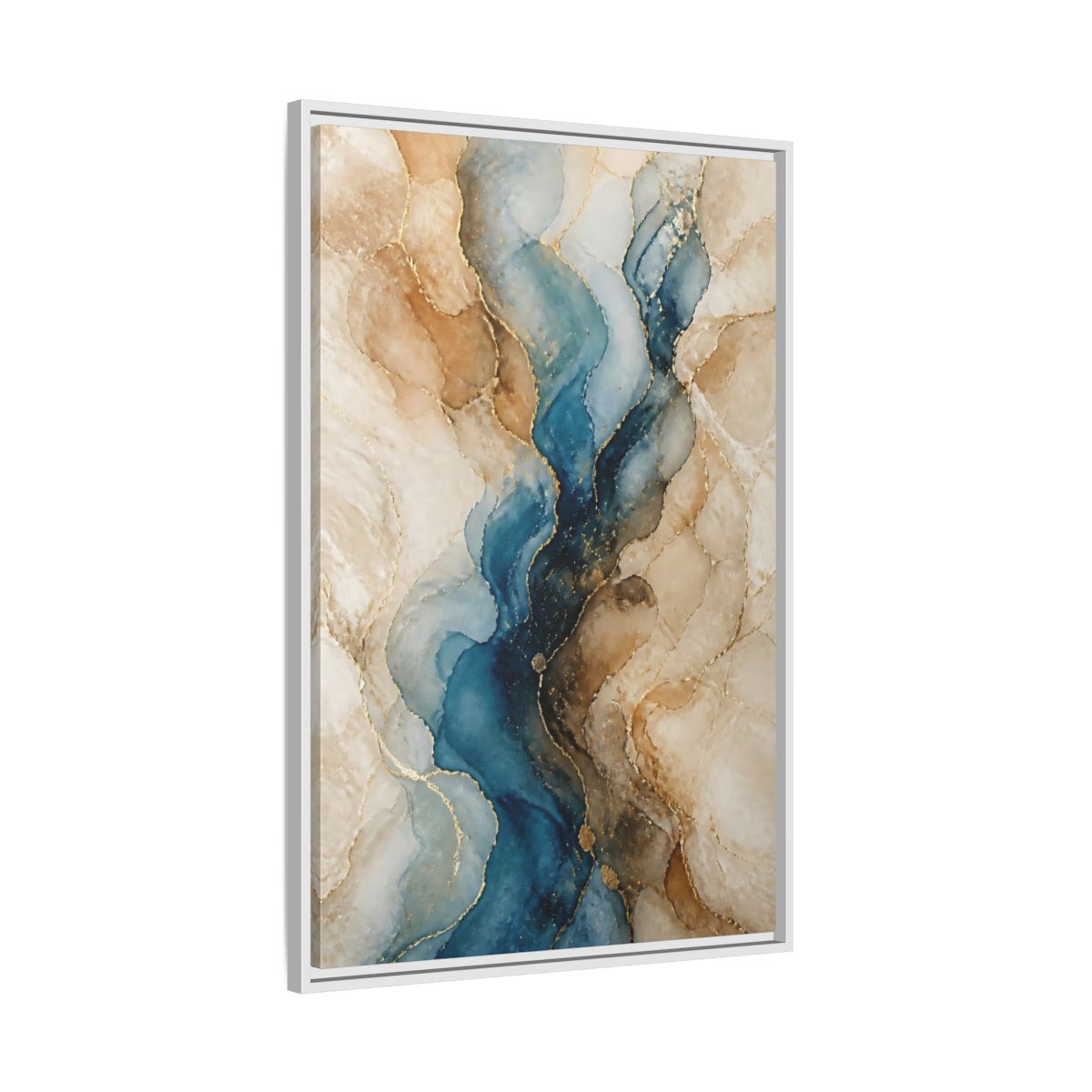 Side Mockup 9. Abstract Ink Flow Blue Gold Abstract shown as stretched canvas wall art