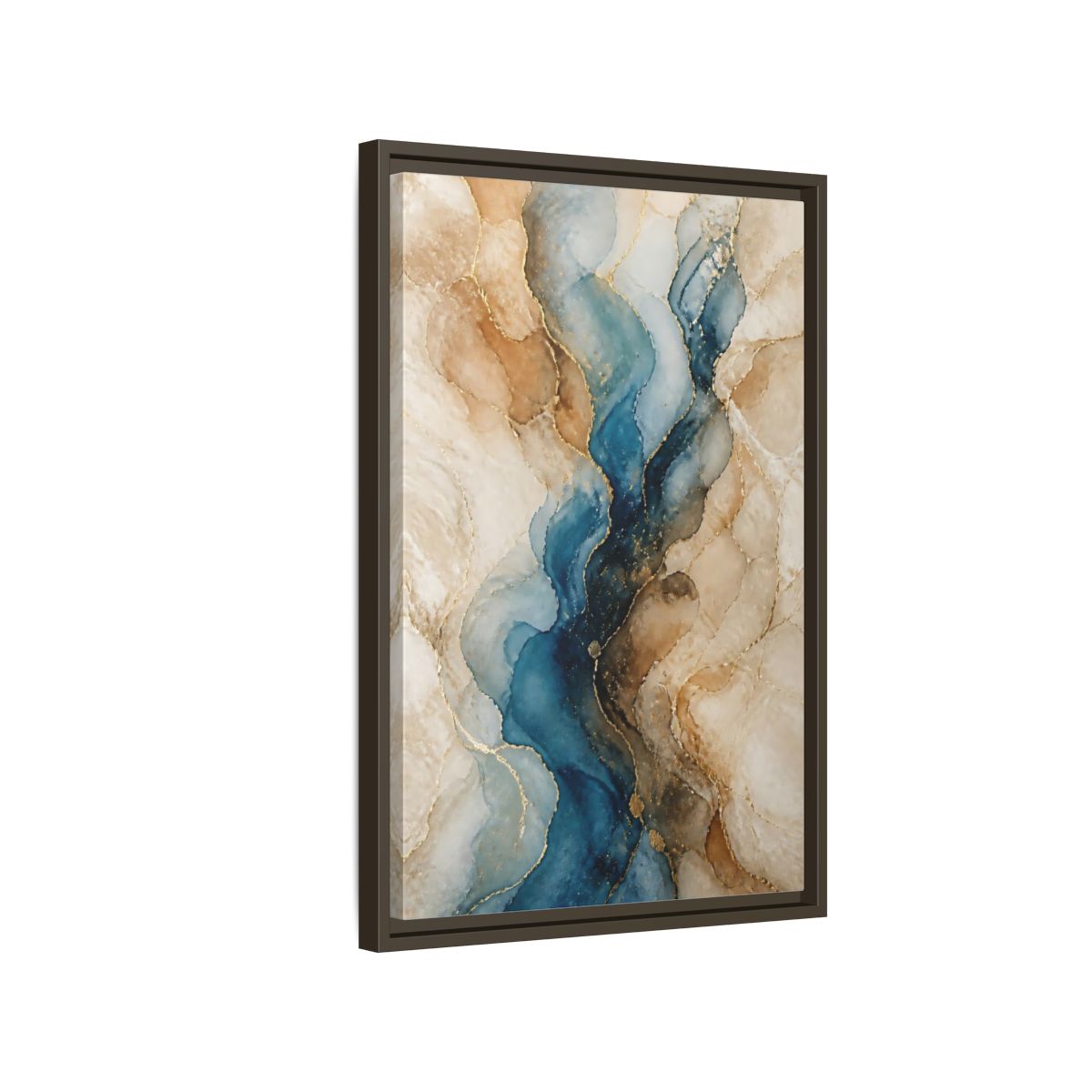Side Mockup 2. Abstract Ink Flow Blue Gold Abstract shown as stretched canvas wall art