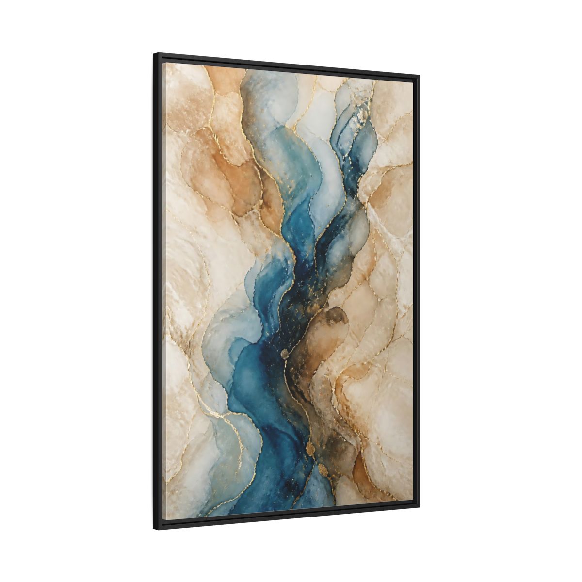 Side Mockup 12. Abstract Ink Flow Blue Gold Abstract shown as stretched canvas wall art