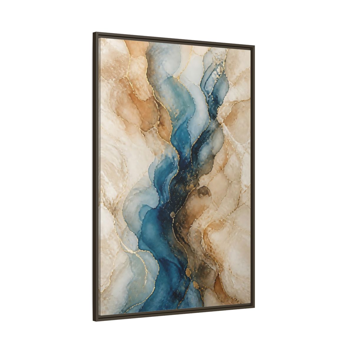 Side Mockup 8. Abstract Ink Flow Blue Gold Abstract shown as stretched canvas wall art